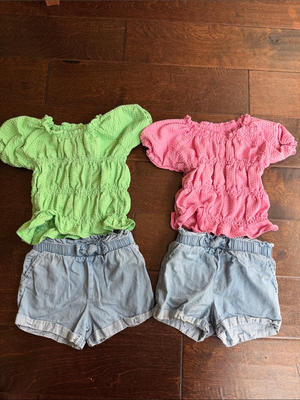 TWIN Garanimals Pink and Green Smocked Tops with Light Denim Shorts - 2 Sets